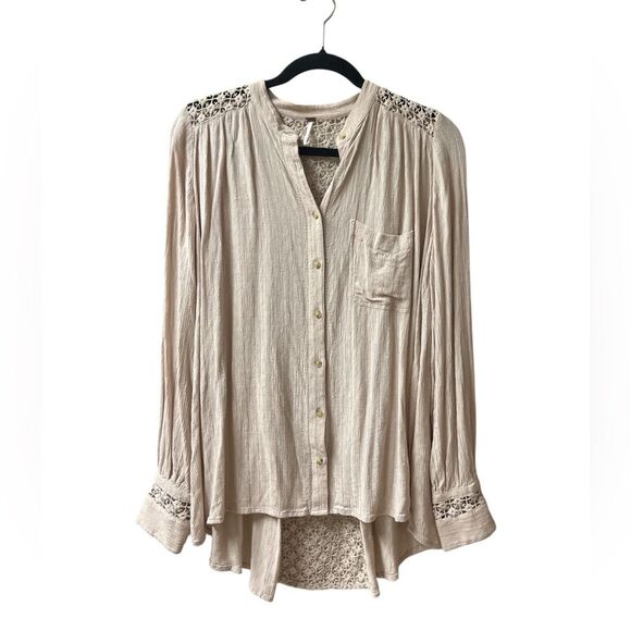 Free People “The Best Shirt” Gauzy Beige Blouse with‎ Crochet Inset – Size S - Picture 3 of 12